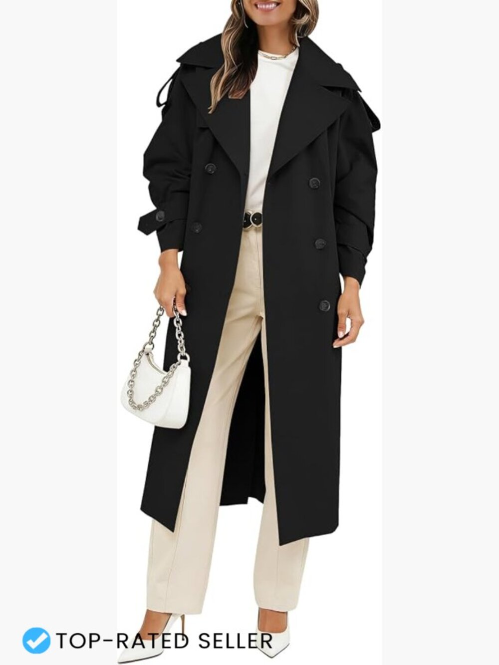 Oversized Double Breasted Long Trench Coat with Belt Lapel Collar Classic Chic